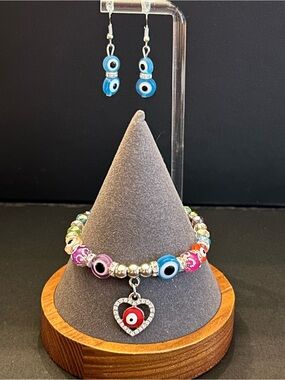 BUY 1 GET 1 FREE - Evil Eye Heart Charm Beaded Bracelet & Earrings SET Assorted